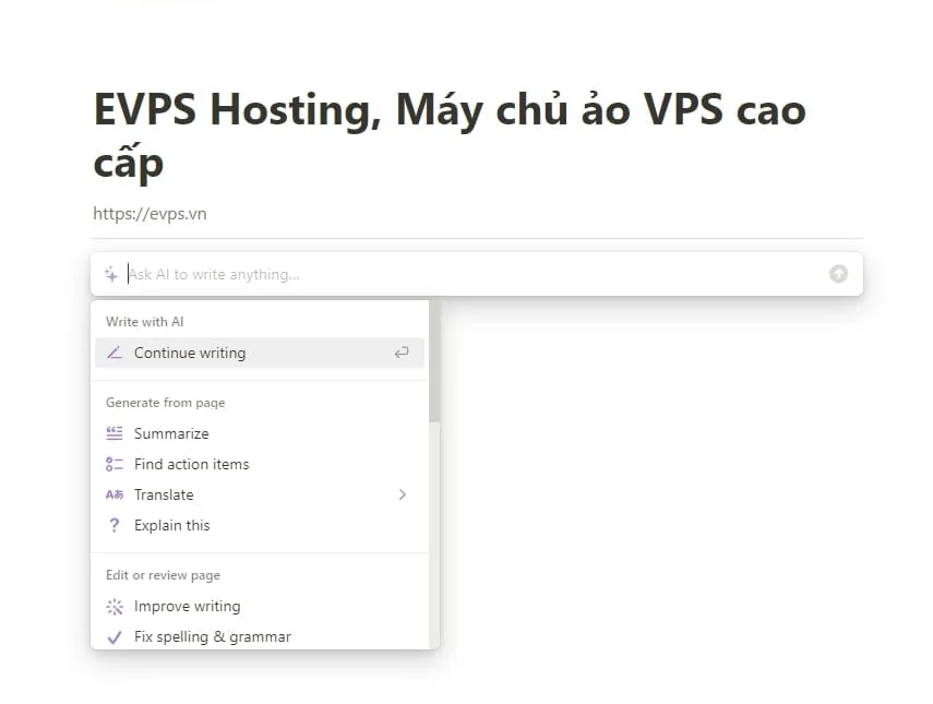 Notion AI – “ChatGPT” phiên bản dành cho người người viết nội dung - Giải pháp công nghệ EVPS.VN - Web hosting, Cloud VPS, Business Email, Thiết kế website chuẩn SEO