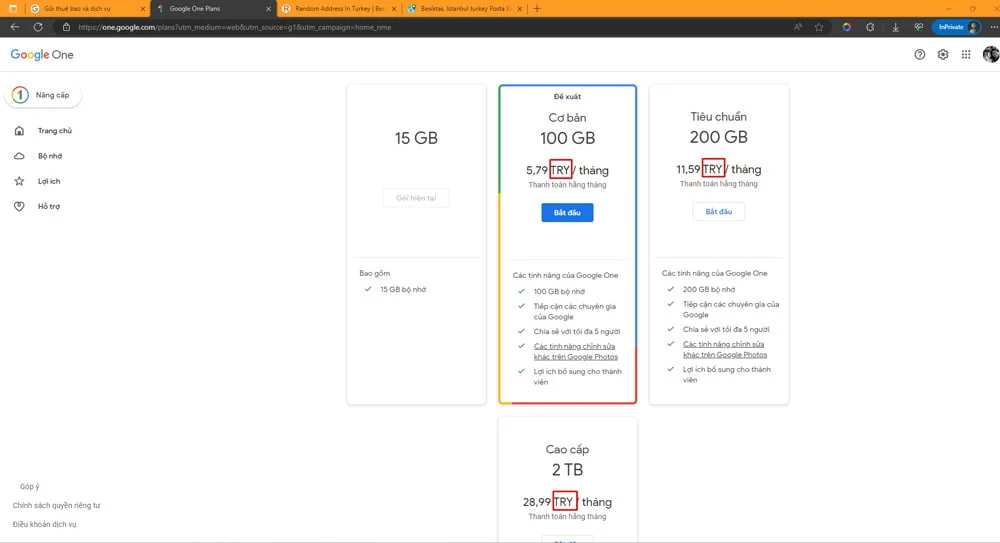 Hướng dẫn đăng ký Google One Thổ Nhĩ Kỳ - Giải pháp công nghệ EVPS.VN - Web hosting, Cloud VPS, Business Email, Thiết kế website chuẩn SEO